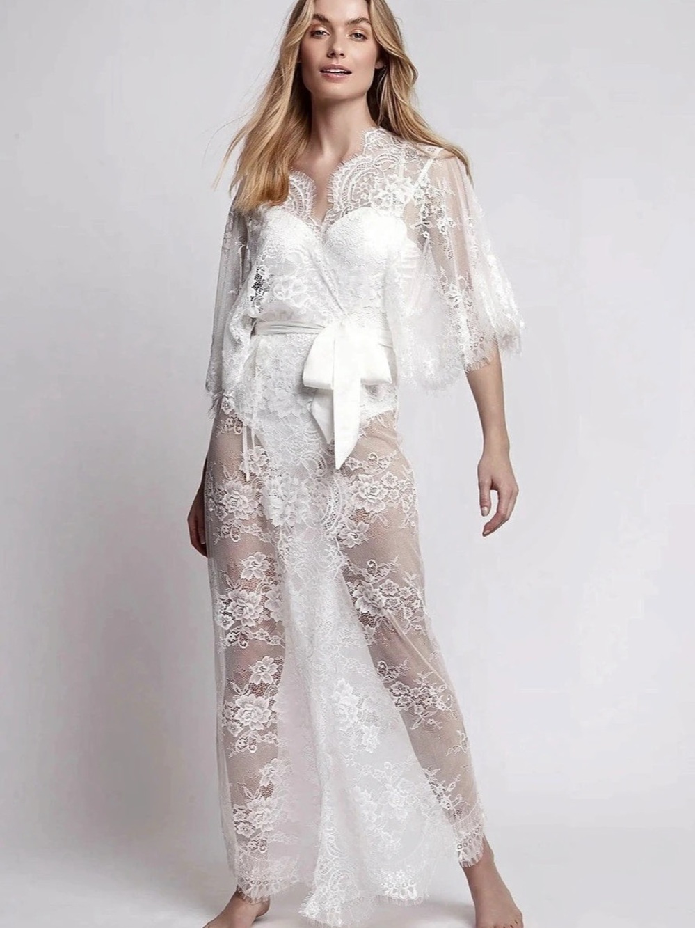 homebodii Kassia Long Robe Floral Lace Robe in White NWT